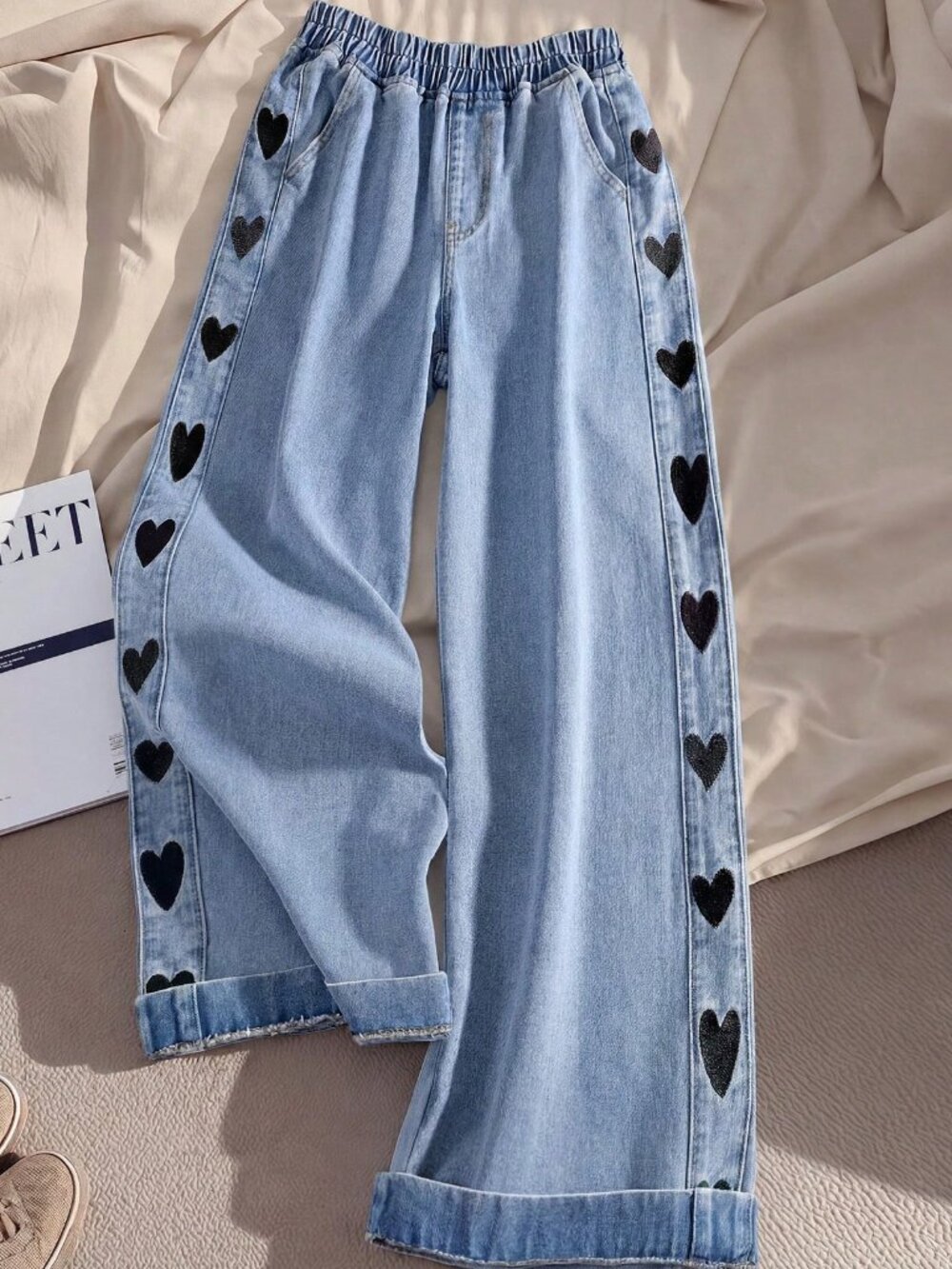 Blue Women's Plus Size Heart Embroidery Pocket Wide Leg Loose Jeans